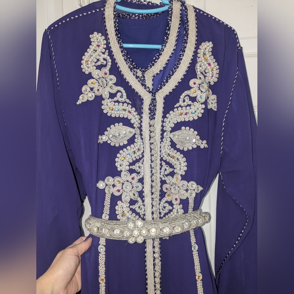 Ramadan 3 pieces Moroccan caftan takchita kaftan beaded purple chiffon L - XL